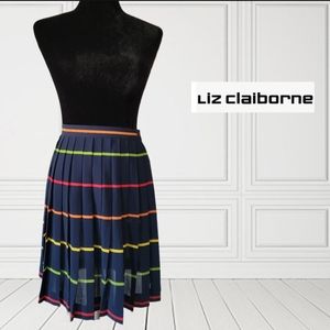Liz Claiborne Navy Colorful Striped Pleated Knee Length Womens Skirt